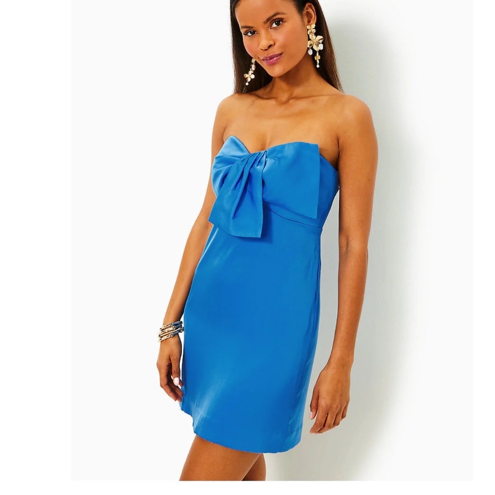 Lilly Pulitzer Carlynn Strapless Satin Bow Mini Dress Morelle Blue Size 2 NEW - Picture 1 of 16